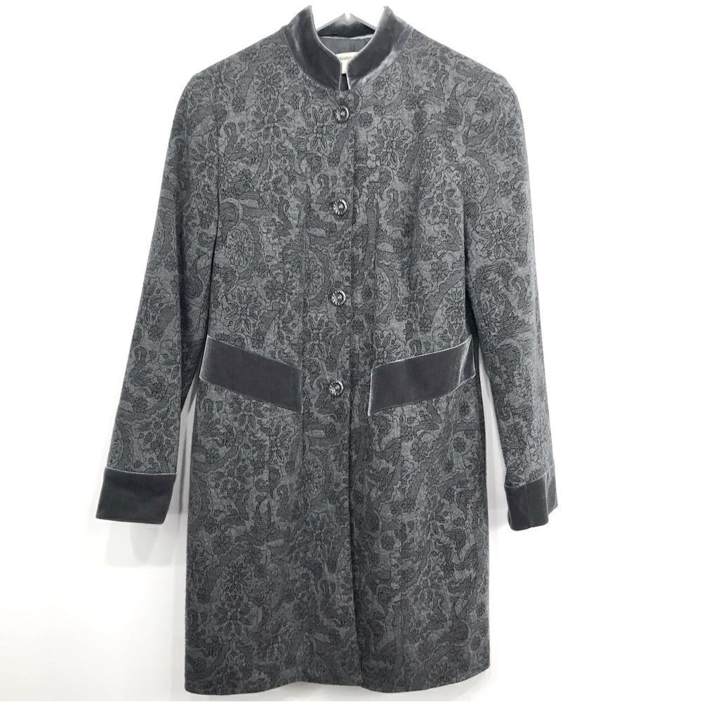 Coldwater Creek Gray Floral Pattern Velvet Trim Long Statement Blazer Jacket